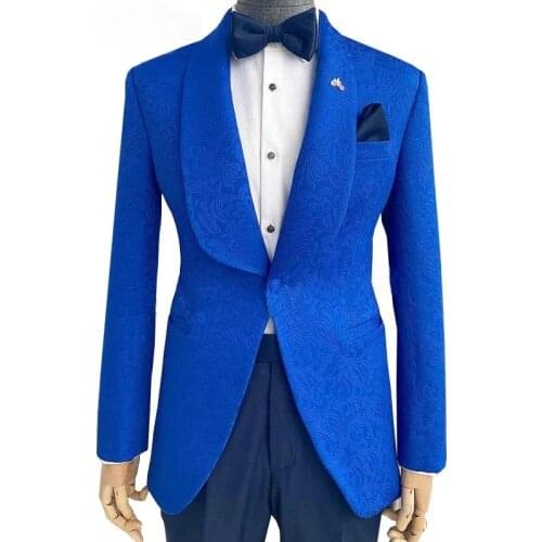 Costume Homme Royal Blue Printed Men Suits Black Pant Shawl Lapel Groom Prom Party Blazer Terno Masculino Slim Fit 2 Pieces