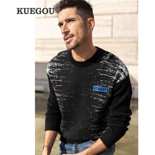 KUEGOU 100% Cotton Autumn Winter Clothing Men‘s sweater contrast color Patchwork Fashion Warm turtleneck top Plus Size LZ-26080
