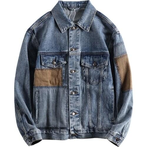 Japanese Harajuku Vintage Distressed Blue Denim Jean Jacket for Men Multi Pockets Elbow Patch Button Up Plus Size