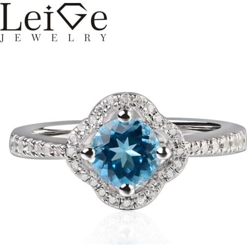 Leige Jewelry Swiss Blue Topaz Rings Round Shape Halo Ring Romantic Gifts For Woman 925 Sterling Silver