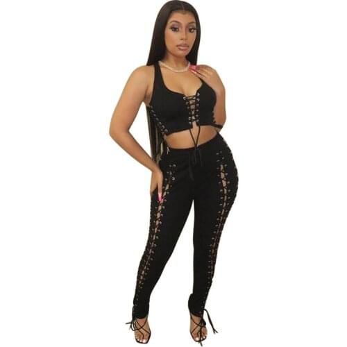 Criss-cross corns lace-up tank top+pencil pants club outfits for women wholesale items 2 piece sets womens outfits matching sets