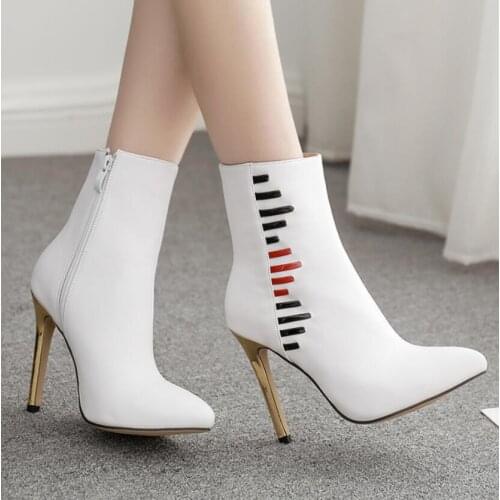 2020 Winter Women Ankle Boots Zipper High Heels Shoes Dropshipping Ladies White PU Leather Pointed Toe Thin Heels Boots Woman