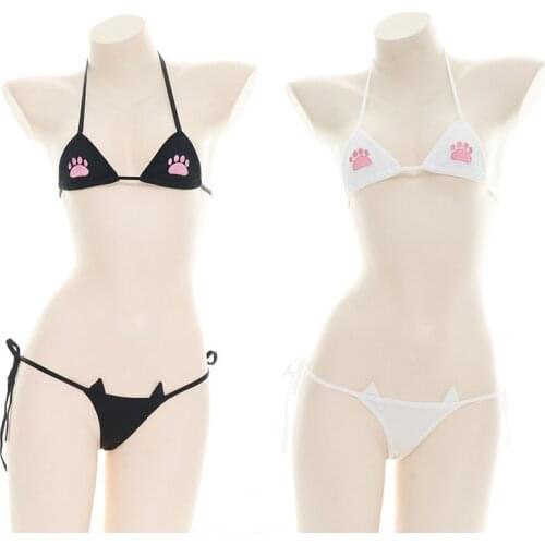 Sexy Womens Summer Cat Paw Embroidered Mini Bikini Cute Kawaii Anime Cosplay Lingerie Set Self Tie Bra Top with Briefs Drop Ship