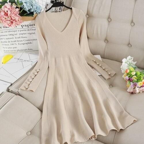 HISUMA Spring Autumn V-Neck Long Sleeve Striped Pleated Sweater Knitted Dress Lady Short Elastic Slim Waist Pullover Mini Dress