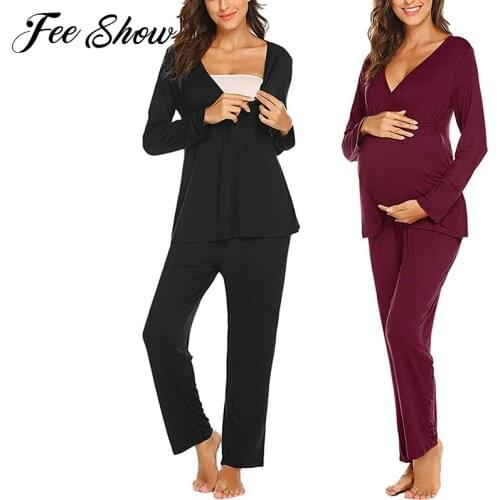 Maternity Pajamas Lounge Breastfeeding Pregnant Pregnancy Nursing Pajama Set V-neck Tops Adjustable Pants Sleepwear Nightgowns