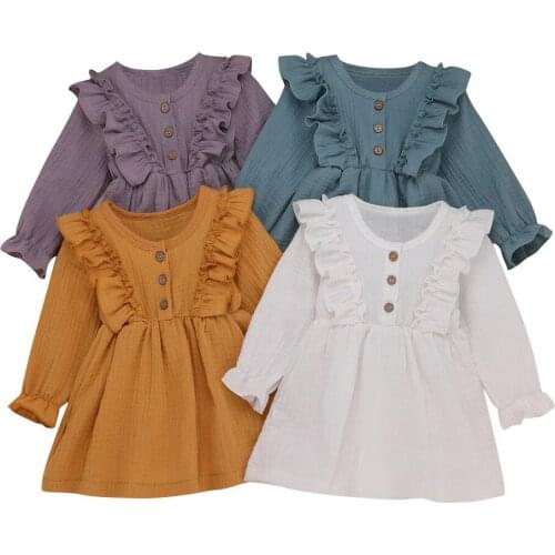 Toddler Kid Baby Girl Dress Vintage Solid Linen Button Ruffle Long Sleeve Ruffle Dress Princess Comfty Casual Party Dresses Robe