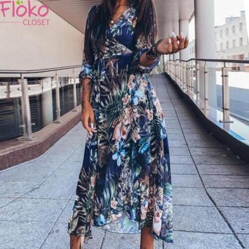 Flokocloset Autumn Print Long Sleeve V-Neck Elegant Maxi Dress Casual Spring Evening Party Long Dresses Robe