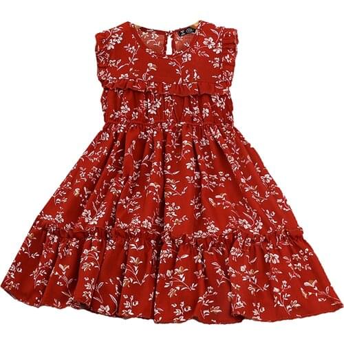 2021 4-10 Y Toddler Girls Dress Round Neck Sleeveless Floral Full Print Red Ruffle Pleated Summer Sundress