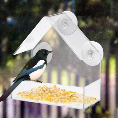 Transparent Acrylic Adsorption Type House Shape Bird Feeder Innovative Suction Cup Feeder