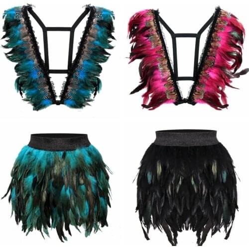 Sexy Skirt Feathers Set Harness Women Shawl Body Cage Strappy Boho Punk Art Dance Clothing Burning Man Adjust LIngerie Plus Size