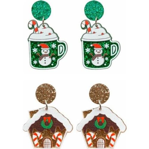 New Trendy Shining Acrylic Christmas Stick Snowflake Cup Snowman House Earrings For Women Kettle Celebration Holiday Earrings