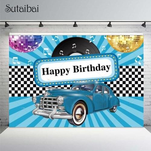Blue Vintage Car Backdrop for Photography Studio Music Dance Disco 90s Prom Party Background Black White Plaid Stripes Backdrop