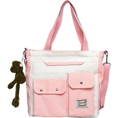 Messenger Bag Tote Bag Student Tuition Bag Womens Double Pocket Canvas Bag Fashion Trend Single Shoulder Bag with Lid Zipper