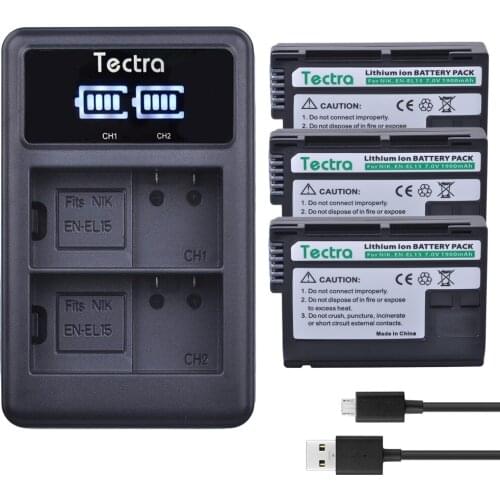 Tectra 1900mAh ENEL15 EN-EL15 EN EL15A Battery pack+LED Dual Chargerfor Nikon D850 D7000 D600 D810 D750 D610 D7500 cameras