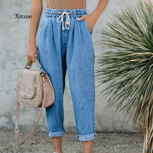 Cropped Harem Trousers Jeans Drawstring Denim for Women Boyfriends Straight Femme Casual Cotton Loose Slim Vintage Denim Pants