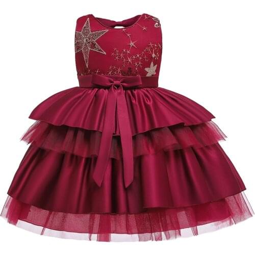 New Kids Girl Lace Bow Dress Children Wedding Bridesmaid Elegant Dress Vestido Formal Evening Party Dress Wine red