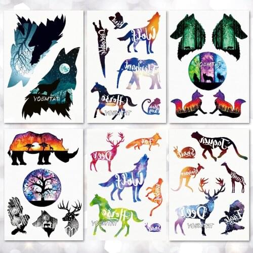 Waterproof Temporary Tattoo Sticker Star Watercolor Wolf Pattern Tattoo Water Transfer Body Art Fake Tattoo For Women Men