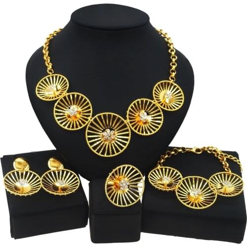 Yulaili Top Quality Women Dubai Gold Jewelry Sets Crystal Necklace Earrings Ring Bracelet Jewelries Accessories