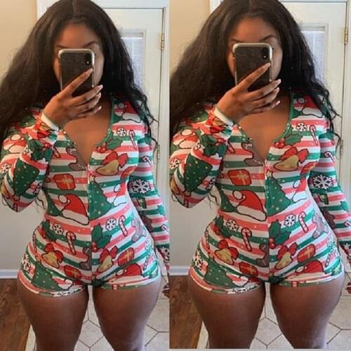 Womens Long-Sleeve Top Yoga Romper Fashion Christmas Tree Printed V-Neck Stretch Yoga Tight Playsuit Jumpsuit Home Sports Wear