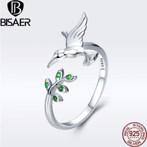 925 Sterling Silver Flying Bird Tree Leaves Hummingbirds Adjustable Finger Ring for Women Fashion Engagement Ring Jewelry ECR323
