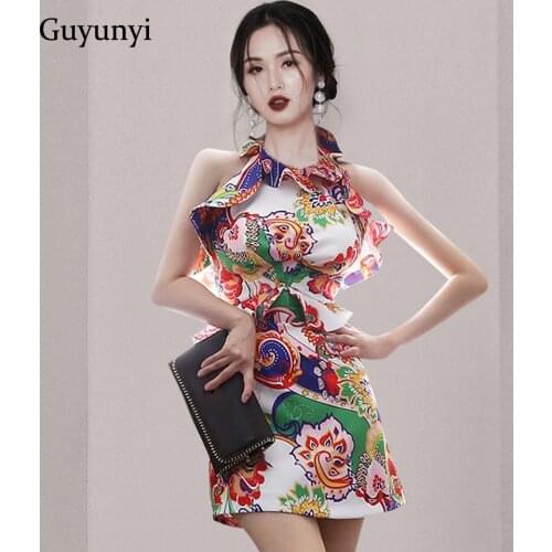 Elegant Party Dress 2021 Summer Sexy Halter Tie Ruffle Backless Sleeveless Abstract Flowers High Waist Mini Dress Women