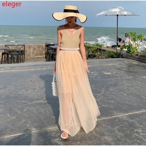 Maxi Mesh Women Backless Straps Dress Summer High Waist Elegant Casual Party Vacation Beach Dress Sundress Korean Runway 2020