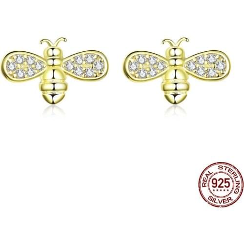 Gold Color Bee Stud Earrings for Women Fashion Anti-allergic 925 Sterling Silver Jewelry Wedding Gift