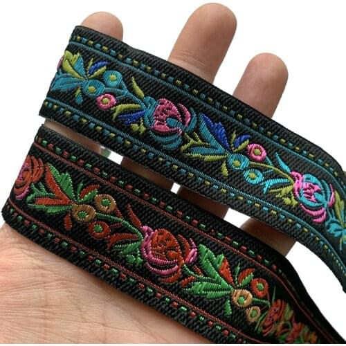 7YARD 1.3 Inch 33MM Colorful Flower Totem Black Background Jacquard Ribbon