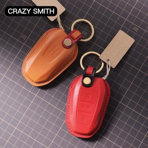 Crazy Smith Handmade Car Key Case Cover for Peugeot/Citroen/DS Retro Vegetable Tanned Leather High Grade Craftsmanship Gift Red
