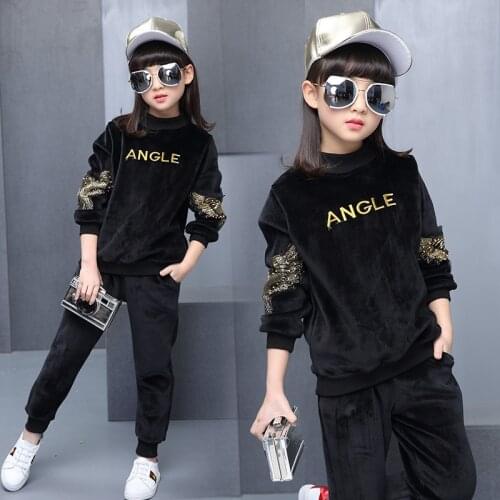 Kids Sports Suit for Girls Velour Tracksuit 4 6 8 10 12 Years Letter Long Sleeve Girl Sweatsuit Autumn Winter Teen Clothing Set