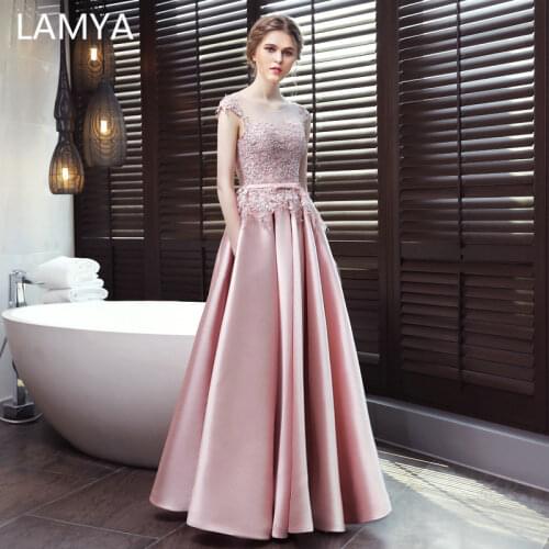 LAMYA Long Lace with Satin Evening Dresses Sexy O Neck A-line Appliques Evening Gowns Women Elegant Robe Formal Evening Natural