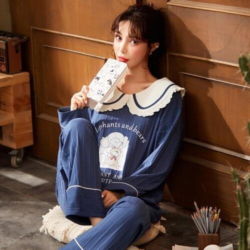 Sweet Doll Collar Women Pajamas Set Cute Blue Lace Bow Cartoon Pajamas Autumn Winter Long Sleeve Warm Homewear Casual Sleepwear