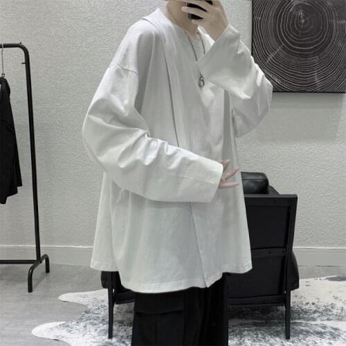 Autumn Long-Sleeved Mens T-shirt Popular Brand Loose Korean-Style Pure Color Split Shirt Couple Cloak All-match