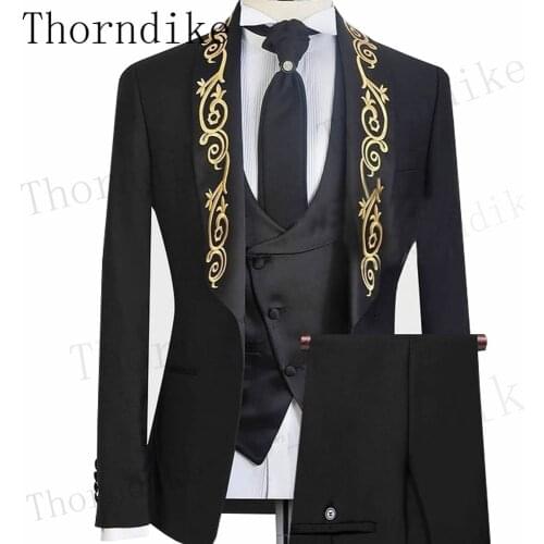 Thorndike 2021 Black Business Party Formal Men Suits Gold Embroidery3 Piece Custom Made Groom Wedding Tuxedos For Men T1284