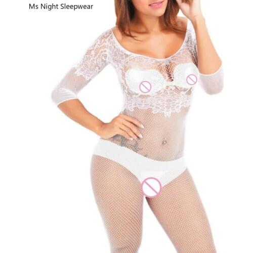 Ms Night Sleepwear Open Crotch Jumpsuit White Lingerie Sexy Body Stockings Fishnet Bodysuit Sexy Clothes for Women Dropshipping
