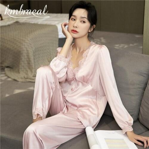 Pajamas Woman Summer Ice Silk Leisure Wear Long-sleeved Pants Set Woman 2 Pieces Solid Satin Chiffon Loungewear Women Age Season