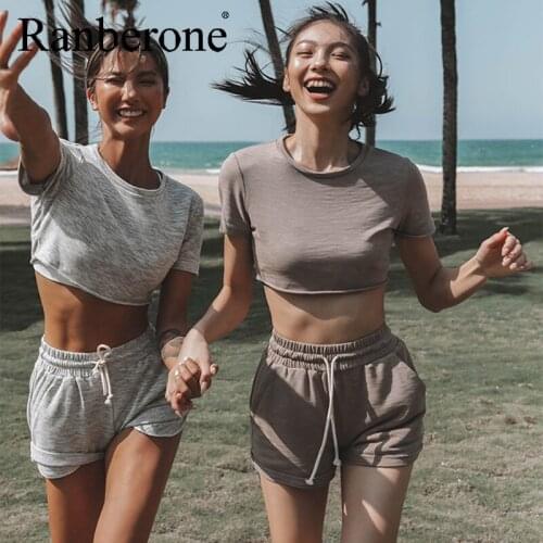 Casual Solid Womens Two Piece Suits Tee Tops And Biker Shorts Drawstring Bottom Suit Outfit Streetwear Women Sports Tracksuit