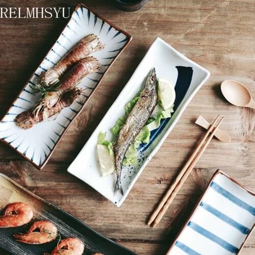 1PC RELMHSYU Japanese Style Retro Hand-painted Ceramic Rectangular Sushi Dessert Fish Long Plate Dish Household Tableware
