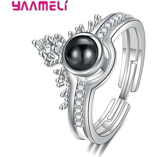 Romantic 100 Language I Love You Ring 925 Sterling Silver Memory Projection Crown Open Adjustable Ring Wedding Jewelry Gift