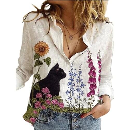 Women Spring Flower Cat Portrait Print Polyester Shirt Loose Lapel Button Long Sleeve Office Blouse Street Plus Size Casual Tops