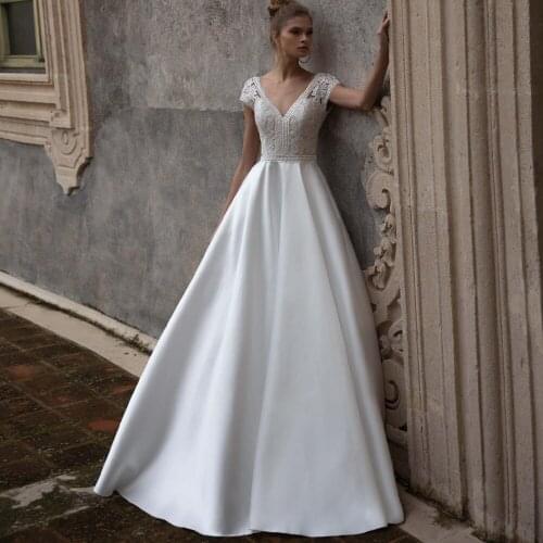Chic Deep V-neck Boho Wedding Dresses Custom Made Cap Sleeves Sweep Train A Line Satin Bridal Gown Robe de Mariee