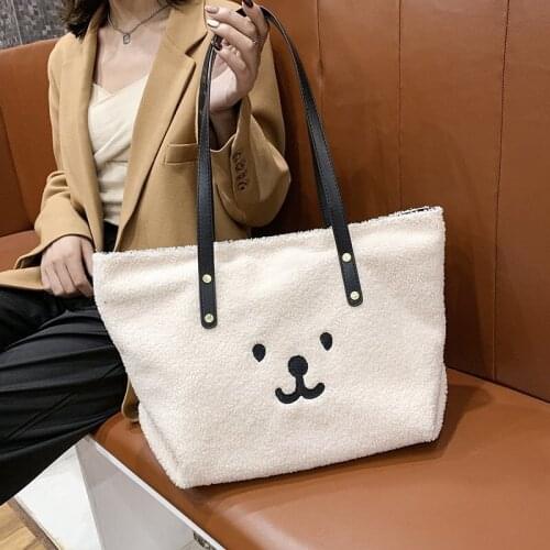 Women Lamb Like Fabric Shoulder Bag Simple Canvas Handbag Tote Large Capacity Embroidery Shopping Bag Cute Book Bags For Girls