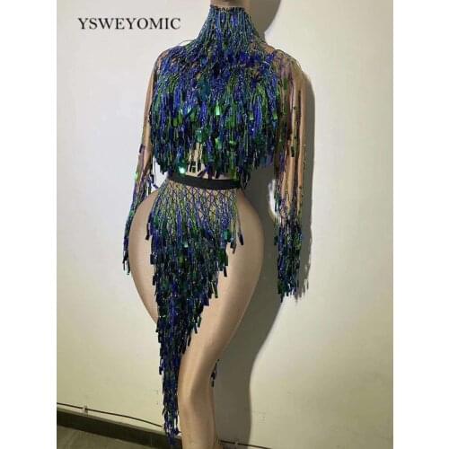 Dance Costume Sparkly Green Silver Sequins Fringe Short Women Dancer DS Show High-collar Outfit Birthday Long Sleeves Dress