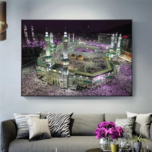 Great Mosque of Mecca Canvas Art Posters And Prints Mecca Night Wiew Muslim Wall Pictures Islamic Art Painting On the Wall Decor