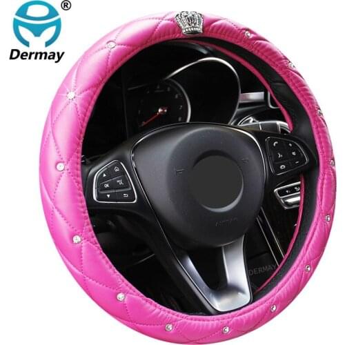 Upscale Crystal Crown Coverd Women Car Steering- Wheel Braid Luxurious Diamond PU Leather Steering Wheel Cover Diameter 38cm