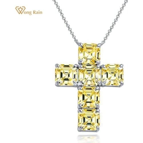 Wong Rain 100% 925 Sterling Silver Asscher Cut Cross Created Moissanite Gemstone Anniversary Cross Pendant Necklace Fine Jewelry