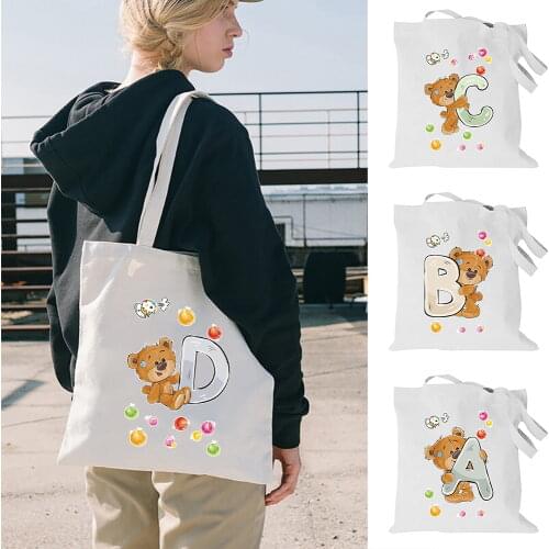 Women Canvas Shopping Bag Foldable Bear Letters Pattern Shoulder Bag Eco Handbag Tote Reusable Grocery Shopper Bags