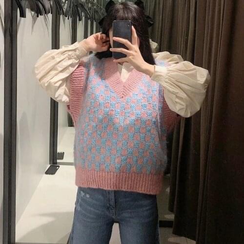Spring Autumn Acrylic Womens Sweater V-Neck Sleeveless Pullover Knitted Patchwork Plaid Fashion Casual Sweater