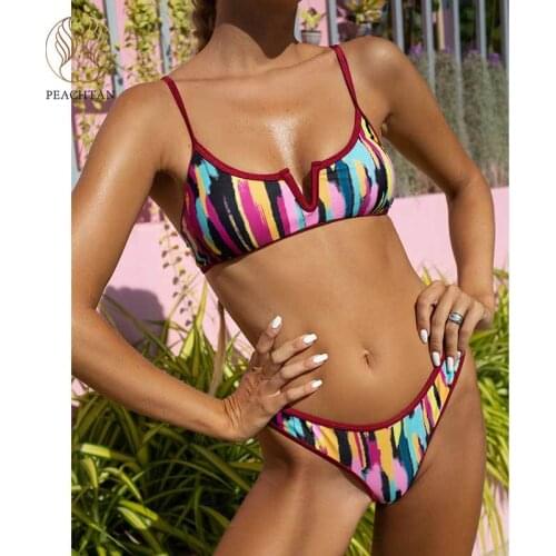 Peachtan V-neck bikini set Print swimwear women High cut swimsuit women Sexy 2 pieces set String bathing suit biuqini 2021 new