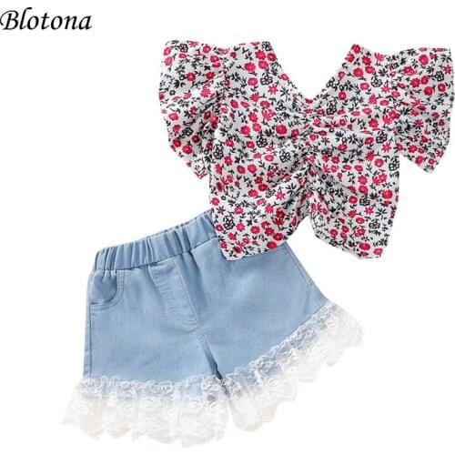 Blotona Hot Sale Summer 2Pcs Kids Girls Suit Set, Flower Print Shirred V-Neck Short Sleeve Tops+ Lace Trim Denim Shorts 1-6Years